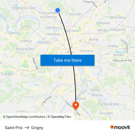 Saint-Prix to Grigny map
