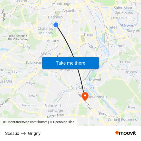 Sceaux to Grigny map