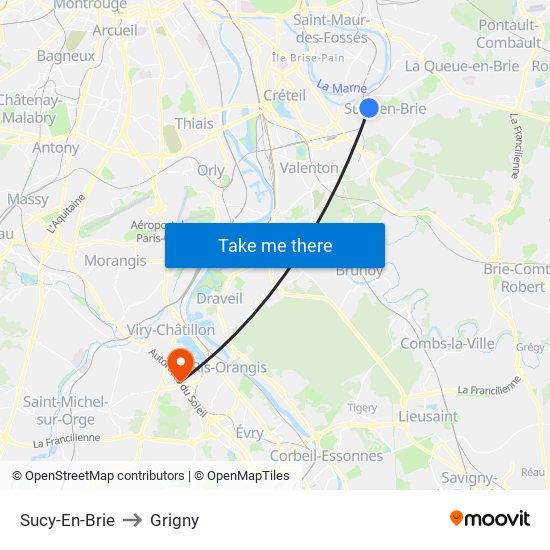 Sucy-En-Brie to Grigny map