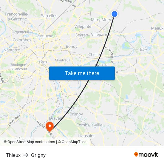 Thieux to Grigny map