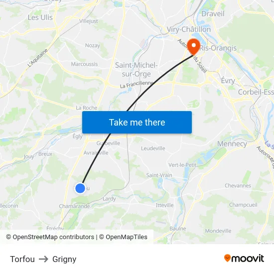 Torfou to Grigny map