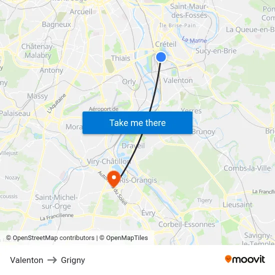 Valenton to Grigny map