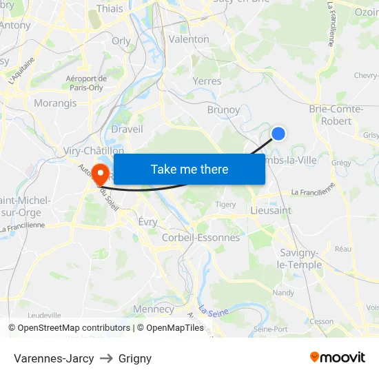 Varennes-Jarcy to Grigny map