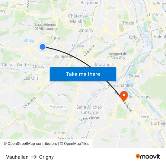 Vauhallan to Grigny map