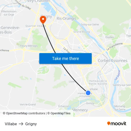 Villabe to Grigny map