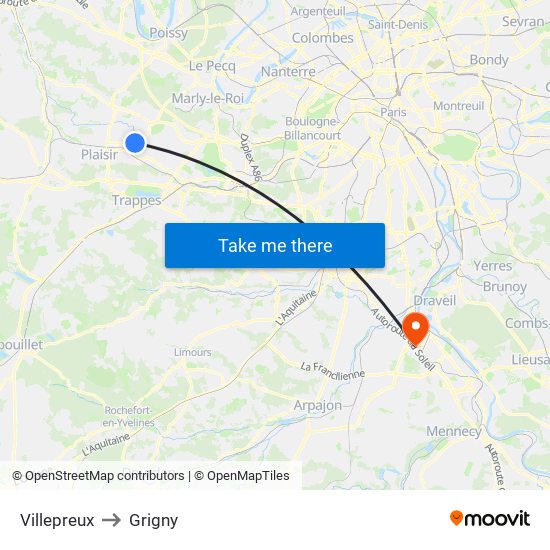 Villepreux to Grigny map