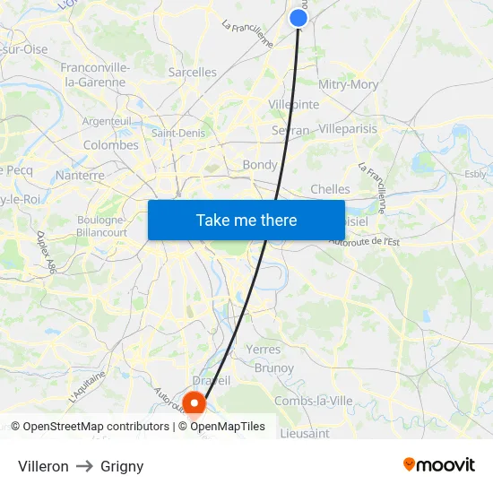 Villeron to Grigny map