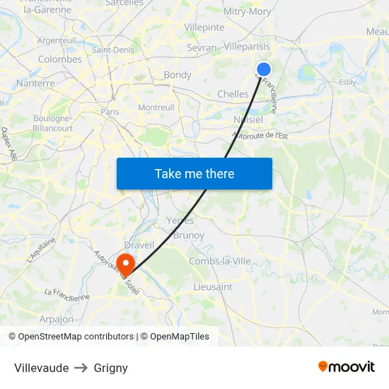Villevaude to Grigny map
