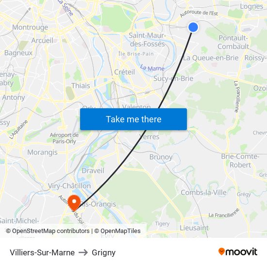 Villiers-Sur-Marne to Grigny map