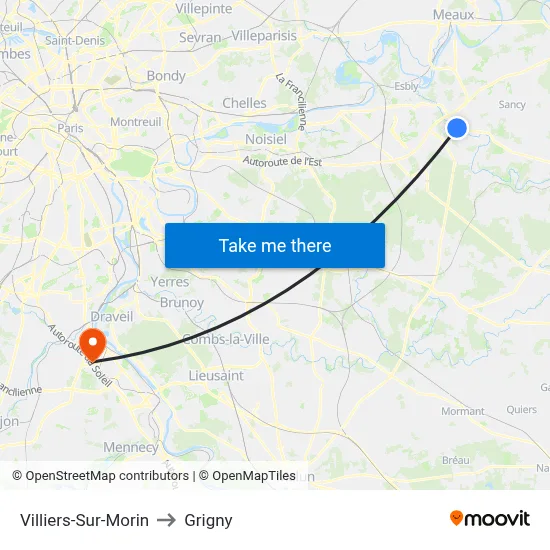 Villiers-Sur-Morin to Grigny map
