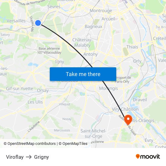 Viroflay to Grigny map