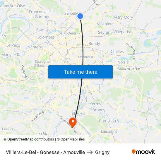 Villiers-Le-Bel - Gonesse - Arnouville to Grigny map