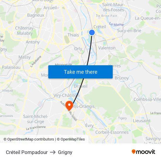 Créteil Pompadour to Grigny map