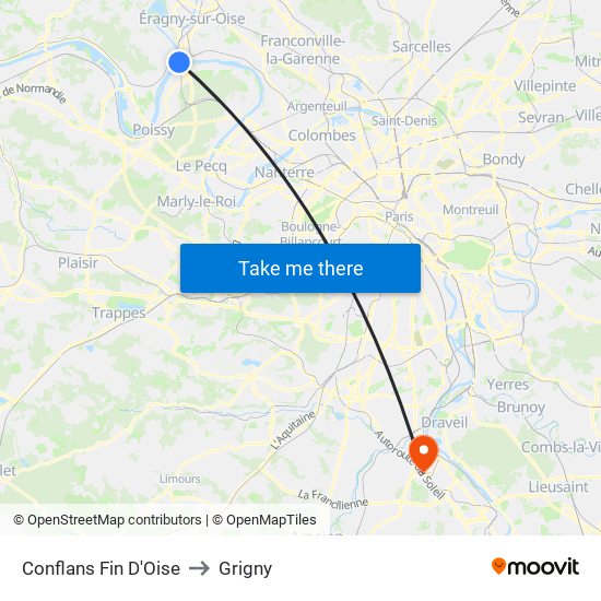 Conflans Fin D'Oise to Grigny map