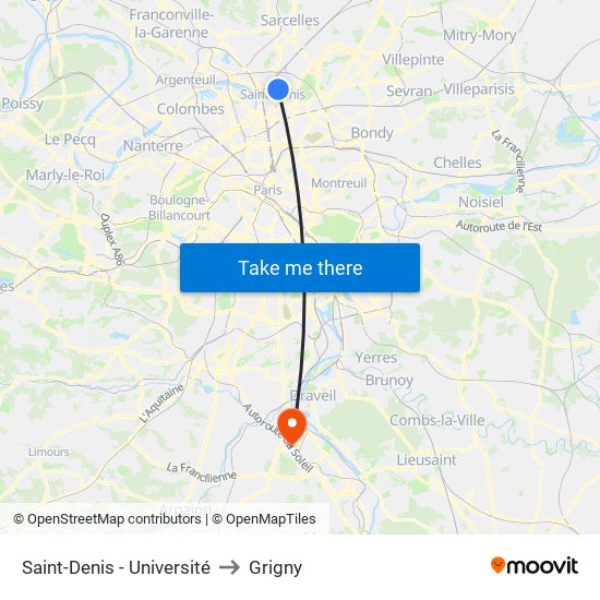Saint-Denis - Université to Grigny map