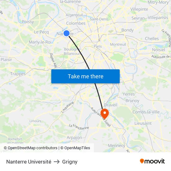 Nanterre Université to Grigny map