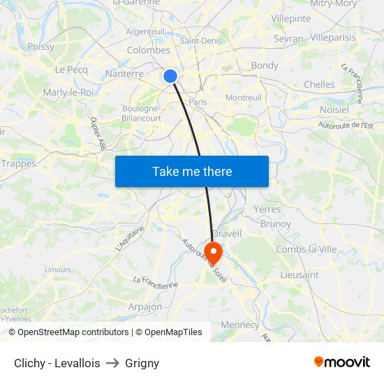 Clichy - Levallois to Grigny map