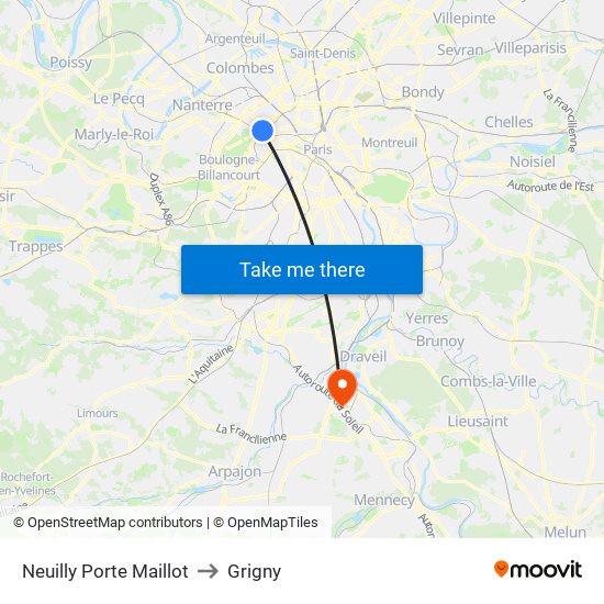 Neuilly Porte Maillot to Grigny map