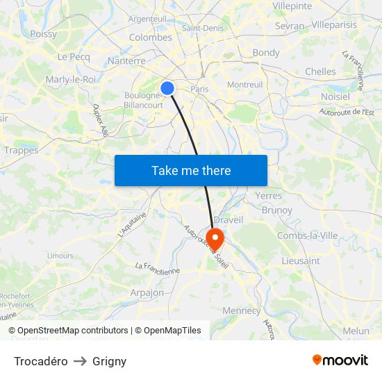 Trocadéro to Grigny map