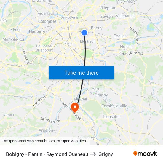 Bobigny - Pantin - Raymond Queneau to Grigny map