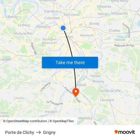 Porte de Clichy to Grigny map
