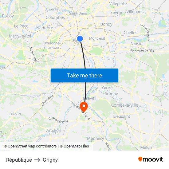 République to Grigny map