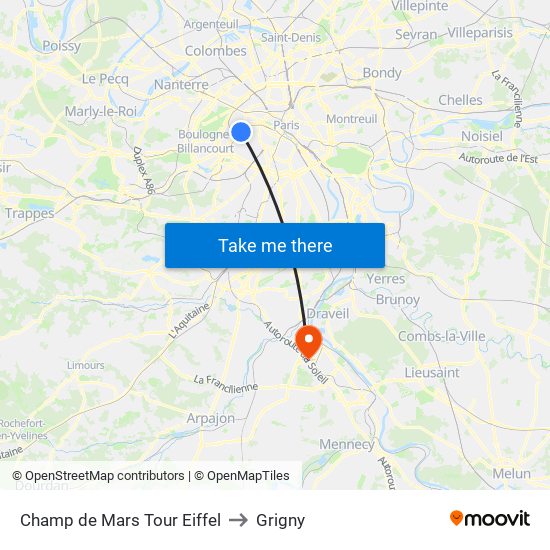 Champ de Mars Tour Eiffel to Grigny map