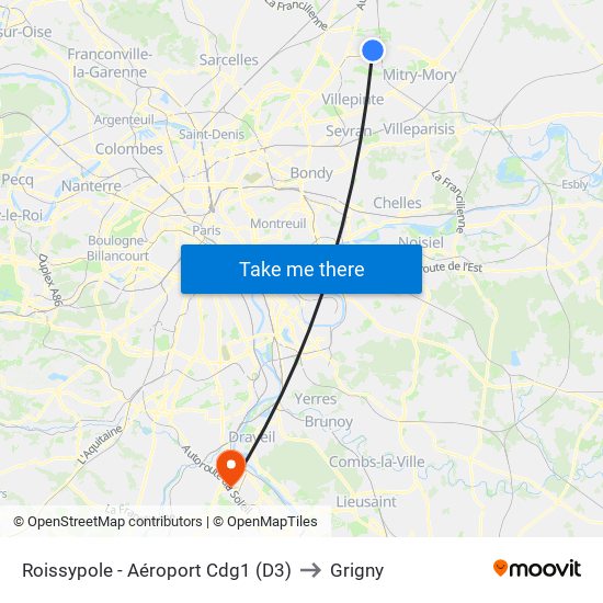 Roissypole - Aéroport Cdg1 (D3) to Grigny map