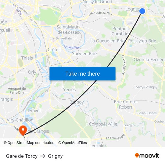 Gare de Torcy to Grigny map