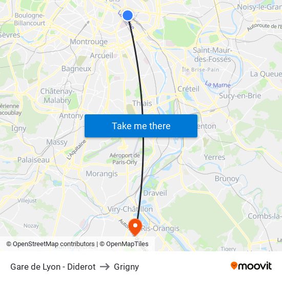 Gare de Lyon - Diderot to Grigny map