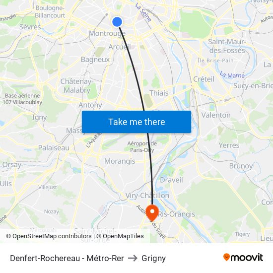 Denfert-Rochereau - Métro-Rer to Grigny map