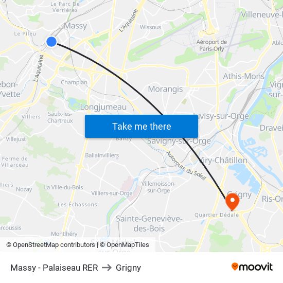 Massy - Palaiseau RER to Grigny map