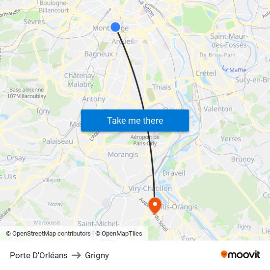 Porte D'Orléans to Grigny map