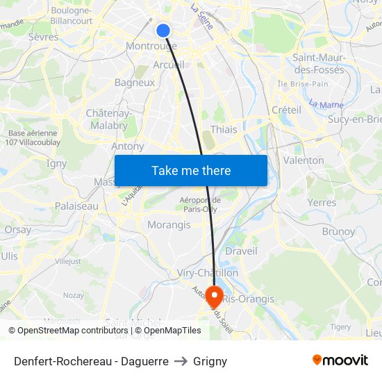Denfert-Rochereau - Daguerre to Grigny map