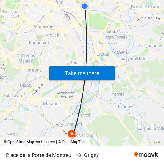Place de la Porte de Montreuil to Grigny map