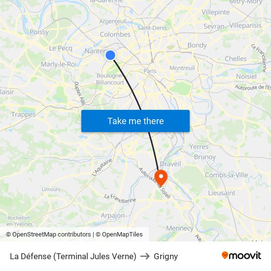 La Défense (Terminal Jules Verne) to Grigny map