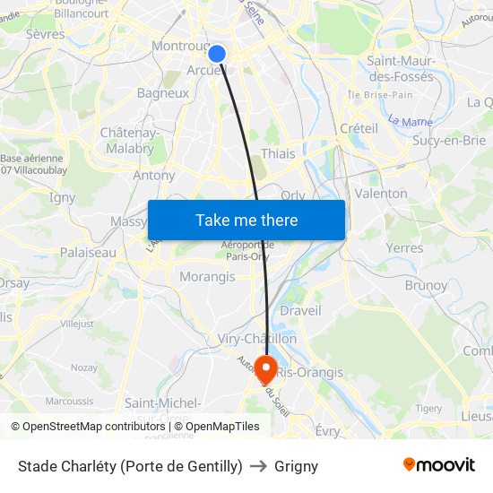 Stade Charléty (Porte de Gentilly) to Grigny map