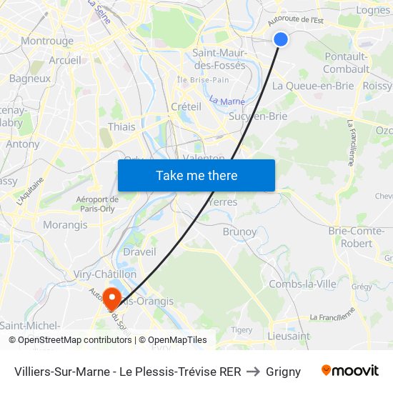 Villiers-Sur-Marne - Le Plessis-Trévise RER to Grigny map