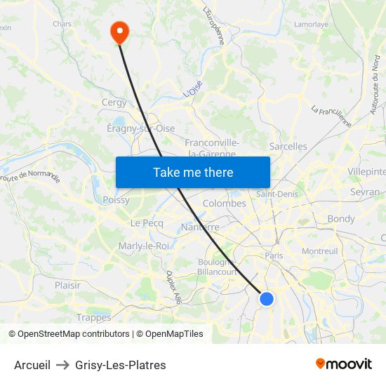 Arcueil to Grisy-Les-Platres map