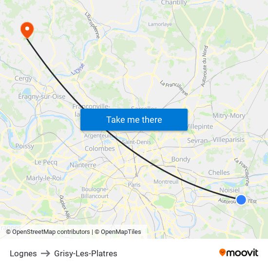 Lognes to Grisy-Les-Platres map
