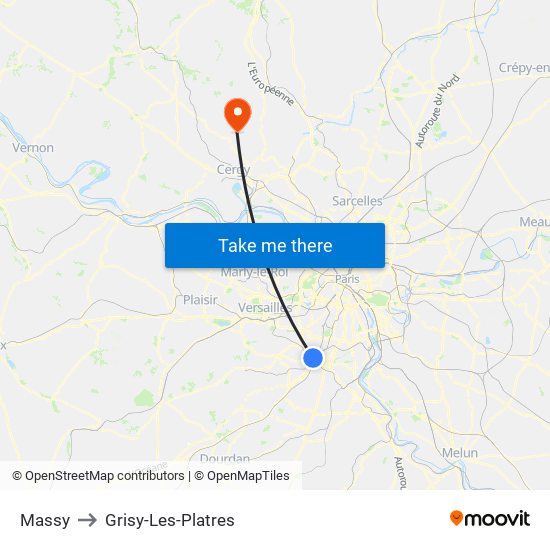 Massy to Grisy-Les-Platres map