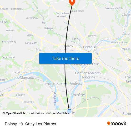 Poissy to Grisy-Les-Platres map