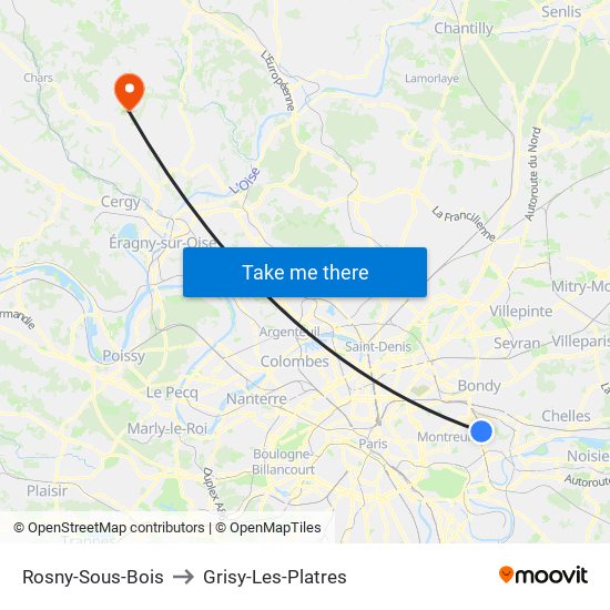 Rosny-Sous-Bois to Grisy-Les-Platres map