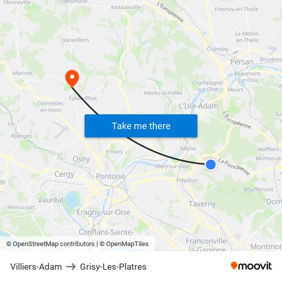 Villiers-Adam to Grisy-Les-Platres map