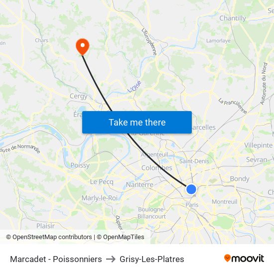 Marcadet - Poissonniers to Grisy-Les-Platres map