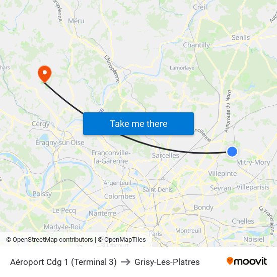 Aéroport Cdg 1 (Terminal 3) to Grisy-Les-Platres map