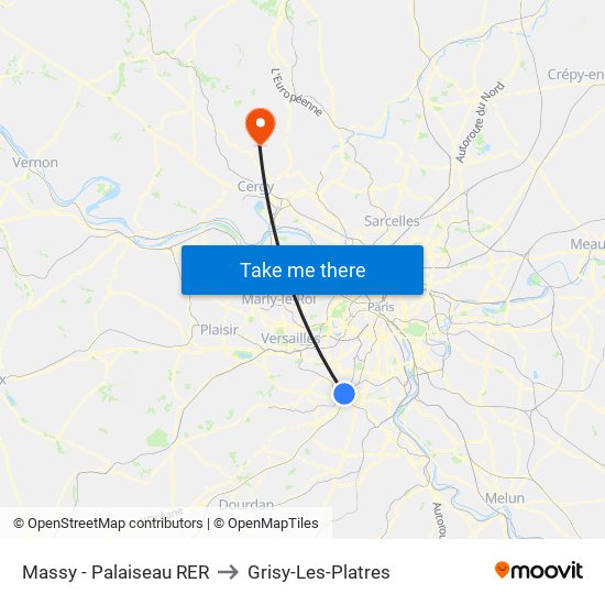 Massy - Palaiseau RER to Grisy-Les-Platres map