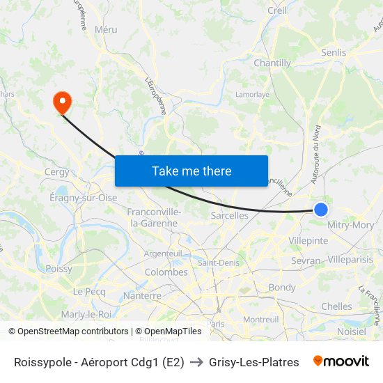 Roissypole - Aéroport Cdg1 (E2) to Grisy-Les-Platres map