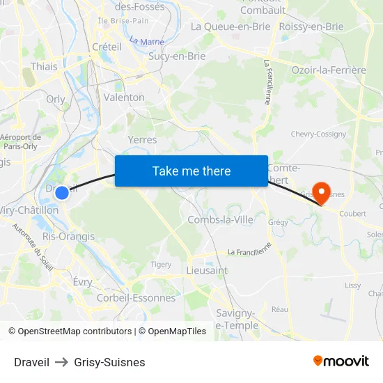 Draveil to Grisy-Suisnes map