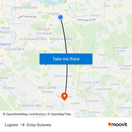 Lognes to Grisy-Suisnes map